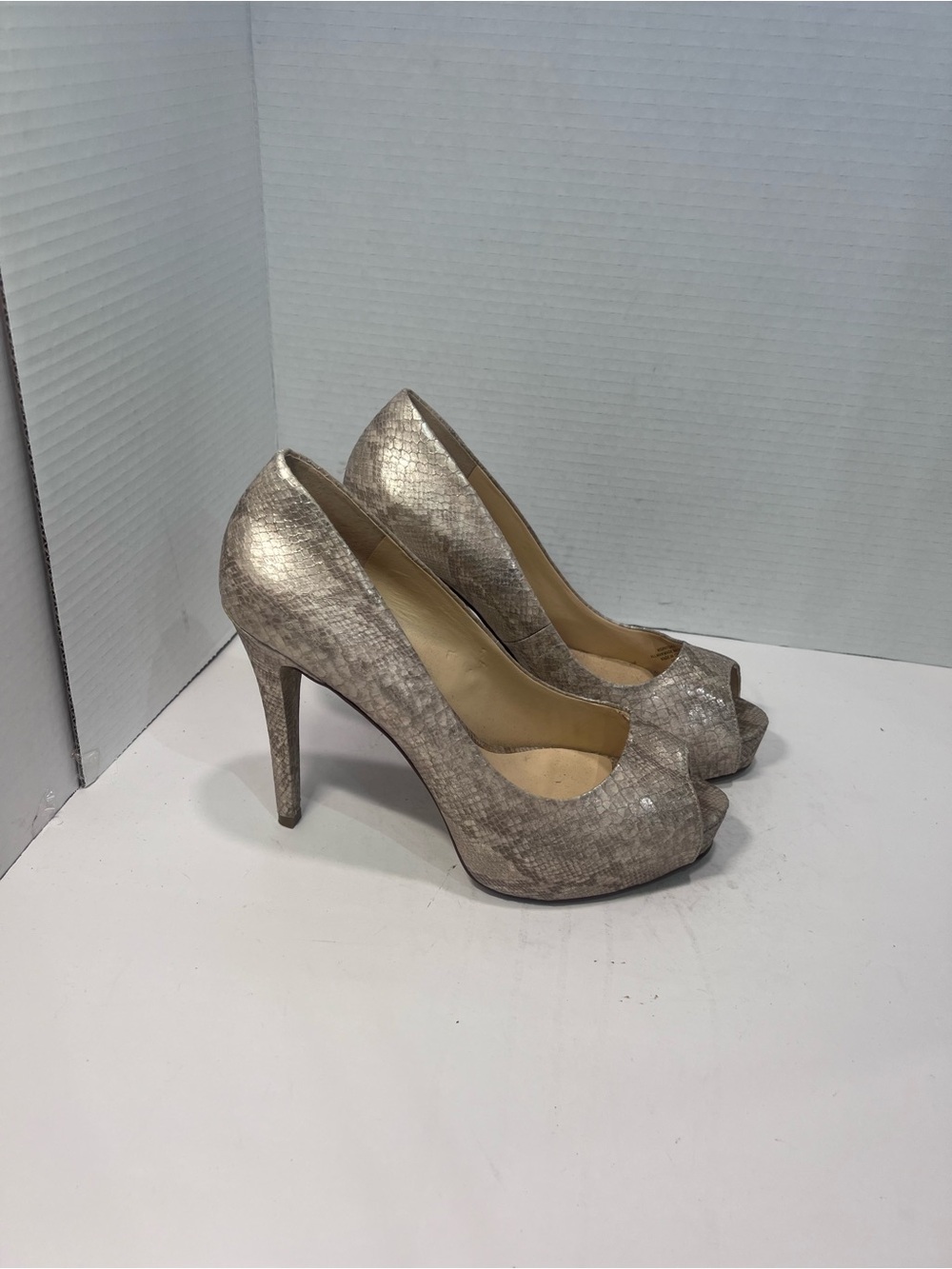 Guess Metallic Taupe Peep-Toe Stiletto Heels